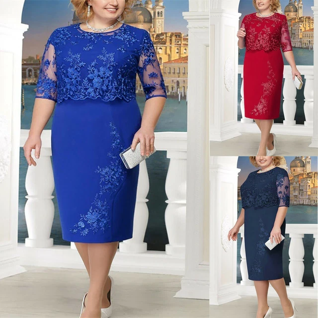 Women’s Fashion Lace Elegant Mother Bride Dress Knee Length Plus Size Full Dress