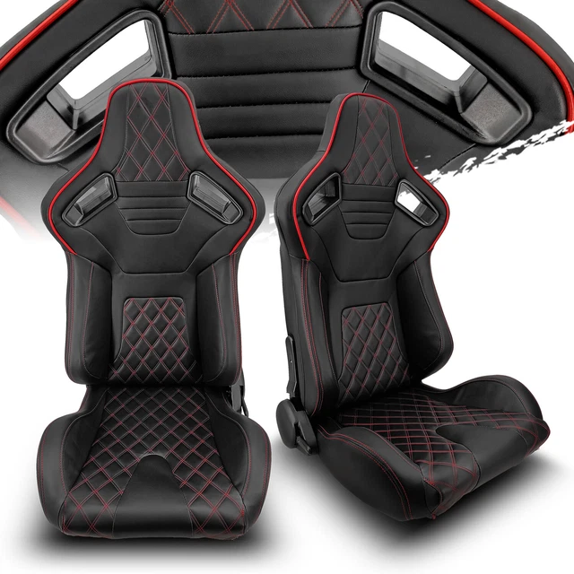 Black PVC Leather/Blue Strip/Red Stitch Left/Right Recaro Style Racing Seats
