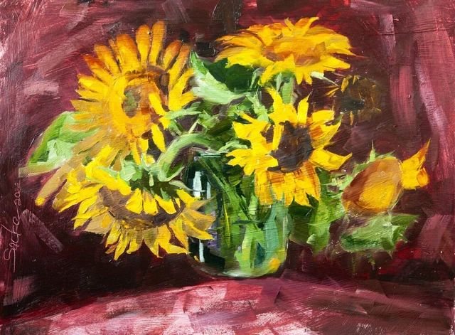 Pittura a olio originale, arte floreale Still Life, girasoli impressionisti...