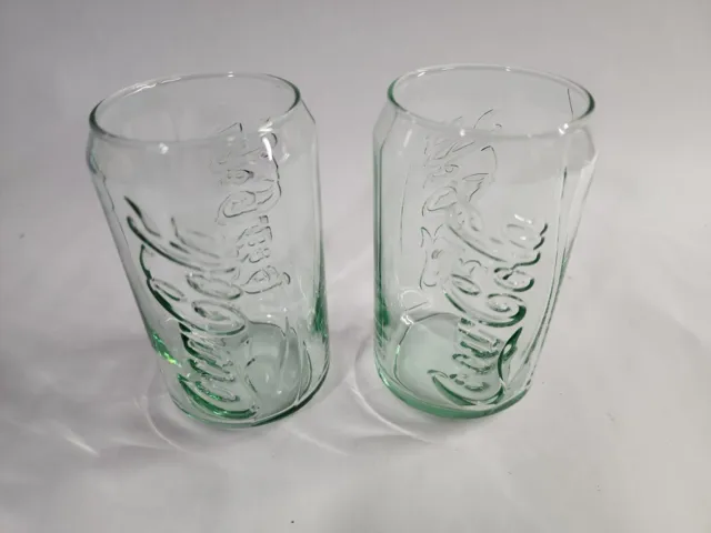Coca Cola Glass Can Shaped Green Tinted 12oz Coke  SET OF 2