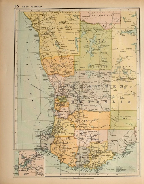 1908 Map West Australia Nelson Perth Kojonup Hay Albany Sussex Fremantle