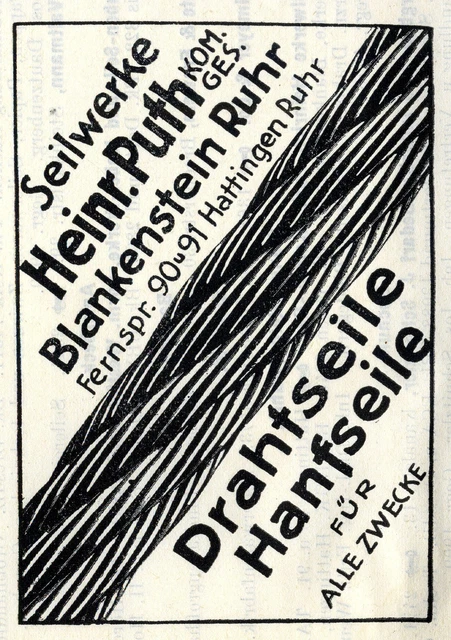 Heinr. Puth Blankenstein Ruhr SEILWERKE Historische Reklame 1925