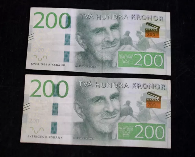 Pair of 2015 SWEDEN Sveriges Riksbank 'Ingmar Bergman' 200 Kronor BANKNOTES -B27