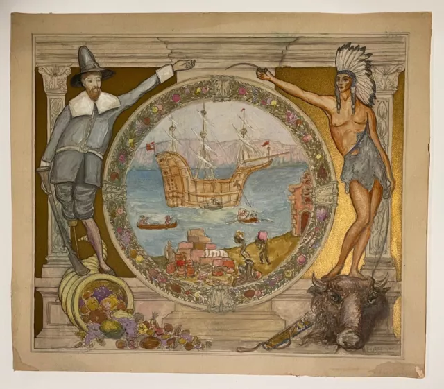 EXC Old Listed Artist Ed Beemer Historical Watercolor Pilgrim & Native American