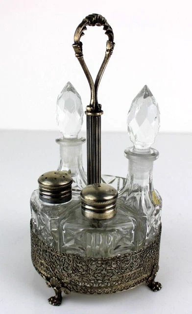 Antico SET in Argento 800 Cristallo SALE PEPE OLIO ACETO STUZZICADENTI Vintage
