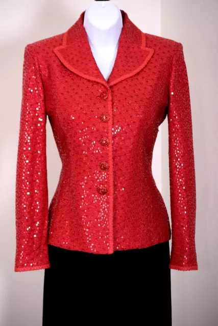 ST.JOHN Women Knit Red Sequins Throughout Shimmer Rhinestone Jacket Sz 2