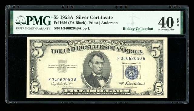 DBR 1953-A $5 Silver Fr. 1656 FA Block PMG XF-40 EPQ Serial F34062040A