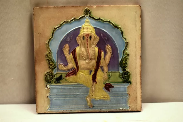 Antique Tile Majolica Art Nouveau Ceramic Ganesh Sitting On Throne Gwalior "047