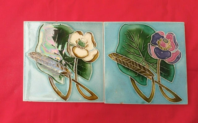2 Piece Old Art Flower Design Majolica Ceramic Tiles Belgium 0097