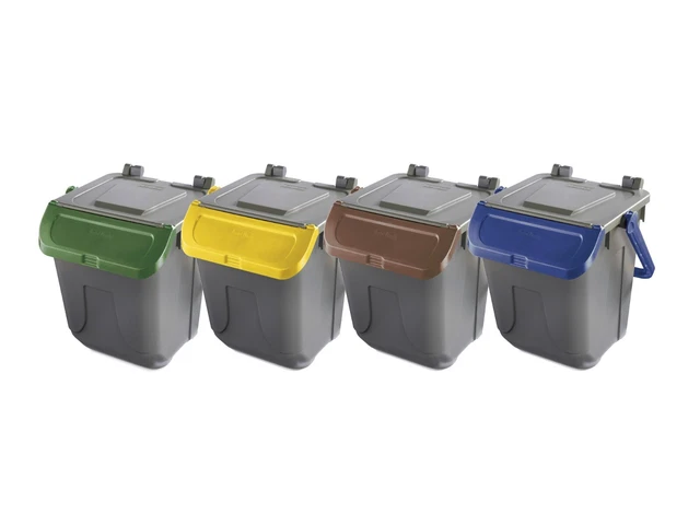 Eplastic Set 3 bidoni porta rifiuti - capacità 120 litri - bicolor con fondo grigio e coperchi colorati per raccolta differenziata (ROSSO - BLU - GIALLO