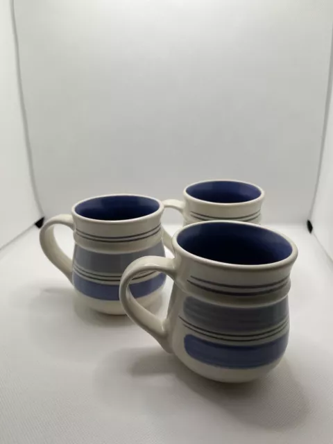 Set 3 Pfaltzgraff RIO Mexico 12 oz 4” COFFEE CUP/MUGS White with Blue Stripes.