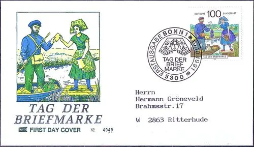 BRD 1991: Tag der Briefmarke FDC der Nr 1570 mit Bonner Stempel! Gelaufen! 23-06