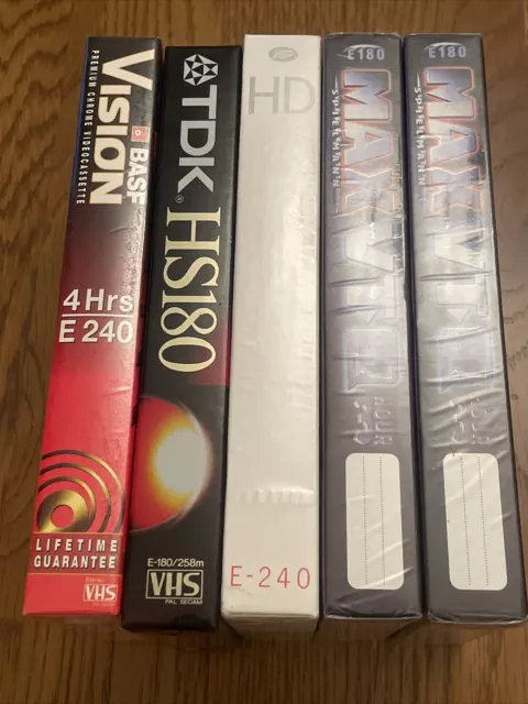 5 New and Sealed VHS Video Tapes BASF E240  TDK HS180 Boots HD E240 2x Max E180