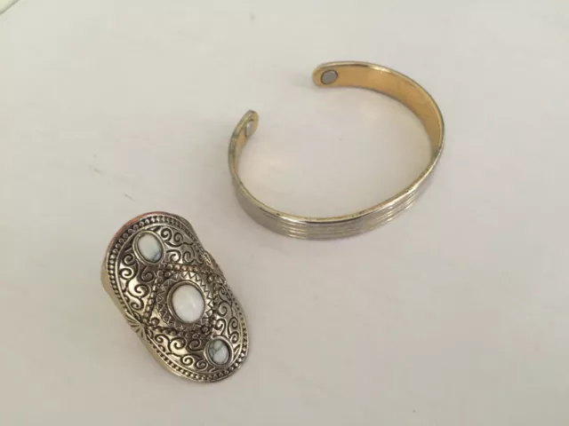 Vintage golden copper carved Long statement ring  with gemstone and 8mm cuff