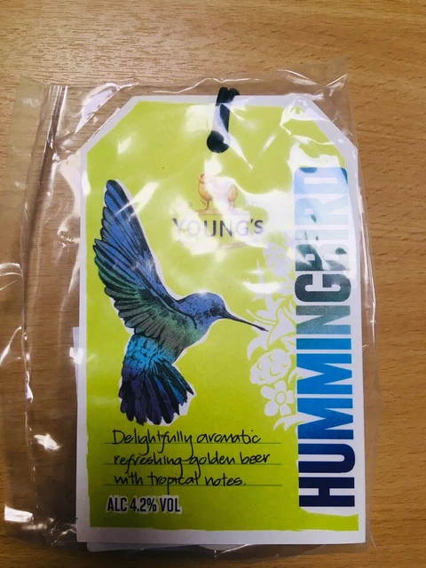 Beer pump clip badge front YOUNG'S brewery HUMMINGBIRD cask ale