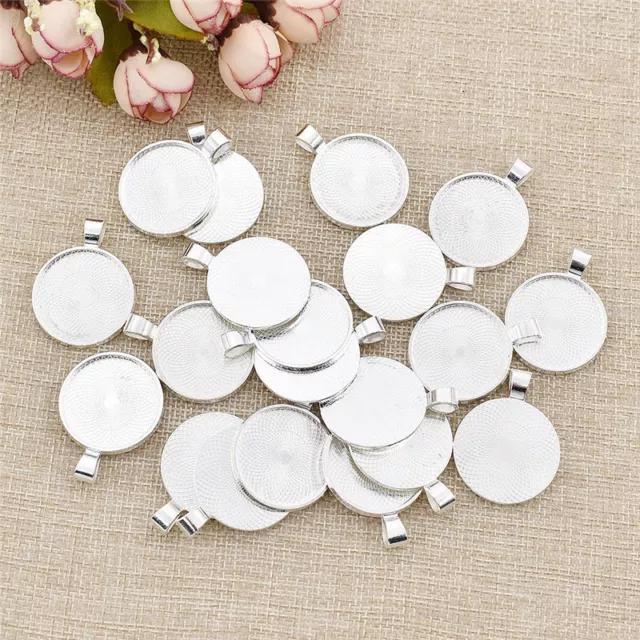 20 Pcs/Lot 25mm Round Pendant Tray Cameo Glass Cabochon Frame Blank Silver DIY