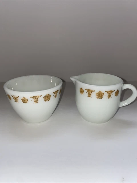 Vintage Corning Pyrex Butterfly Gold Creamer & Open Sugar Milk Glass 2 Piece Set
