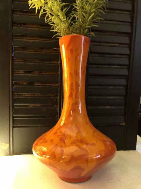 Vintage Fire Orange Bittersweet Drip Glaze MCM Vase 9.75” Mid Century Modern