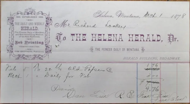 Helena, MT 1878 Letterhead, Helena Herald and Printer, Montana Territory