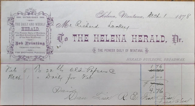 Helena, MT 1878 Letterhead, Helena Herald and Printer, Montana Territory