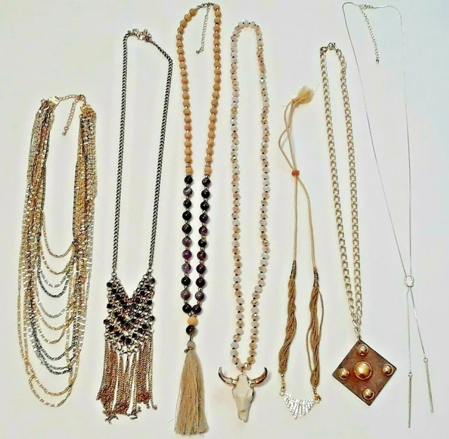 Chain necklaces with purple round beads, Gold trim steer head, milky crystals +
