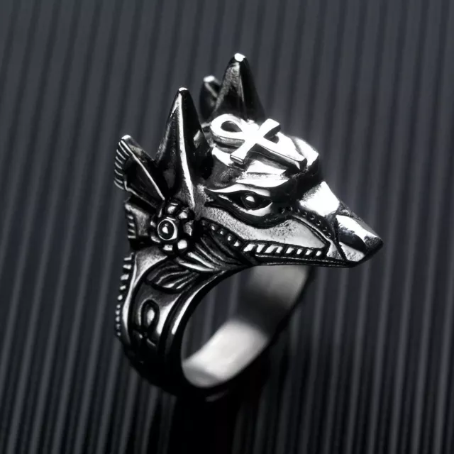 Ancient Egyptian God Anubis Ring Silver Stainless Steel Anpu Band Sizes 7-12