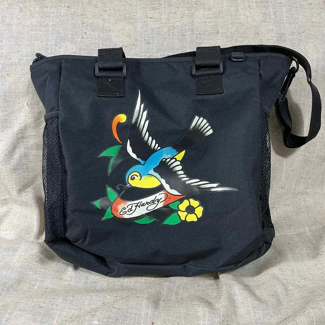 Ed Hardy Black Sparrow Samantha Tote Messenger Bag - Crossbody Strap - Large Bag