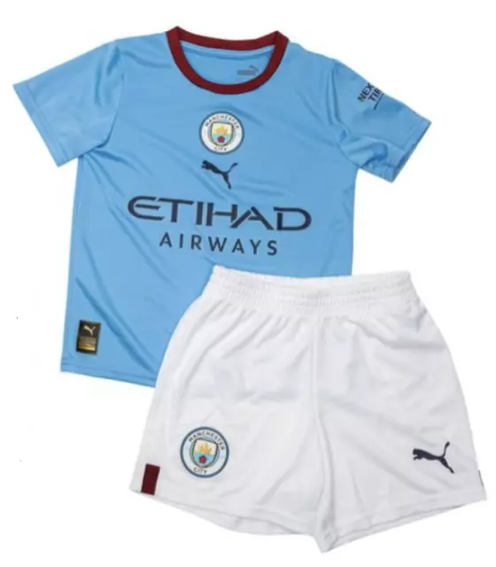 MANCHESTER CITY Boys Blue 2022/23 Puma Home Football Shirt & Shorts 3-4 Years