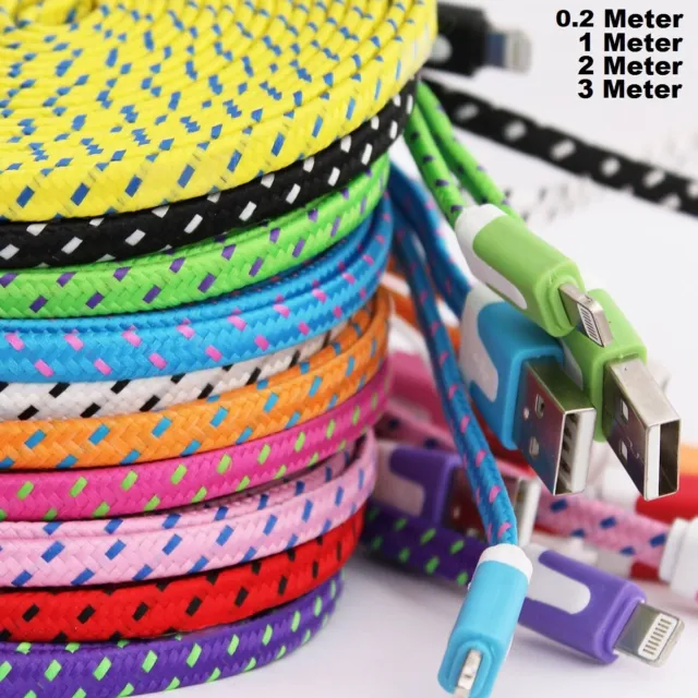 0.2M 1M 2M 3M Strong Braided Flat Charger USB Cable for iPhone 12 11 X 8 7 6s 6
