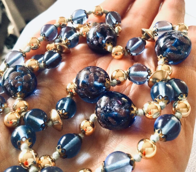 Collier Vintage En Verre De Murano - Longueur 51-55 Cm, Couleur Bleu/mordoré, Bijou Ancien Occasion