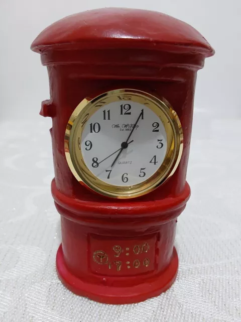 Wm Widdop miniature clock Red post letter box mantel clock. Battery 2