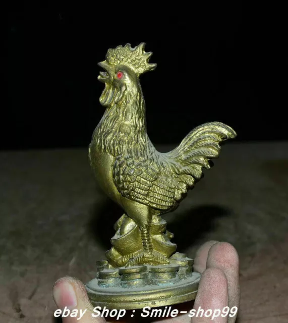 Unique Brass Zodiac Year Animal Rooster Cock Chick Yuanbao Coin Chicken Statue