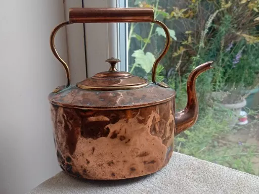 Large Antique Copper Oval Shaped Kettle Fireside Decor 11 X10" Victorian