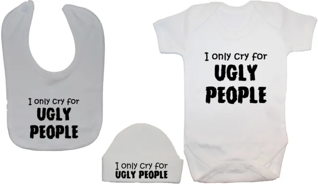 Ugly People Baby Bodysuit Romper Vest, Feeding Bib & Hat Cap 0-12m Boy Girl