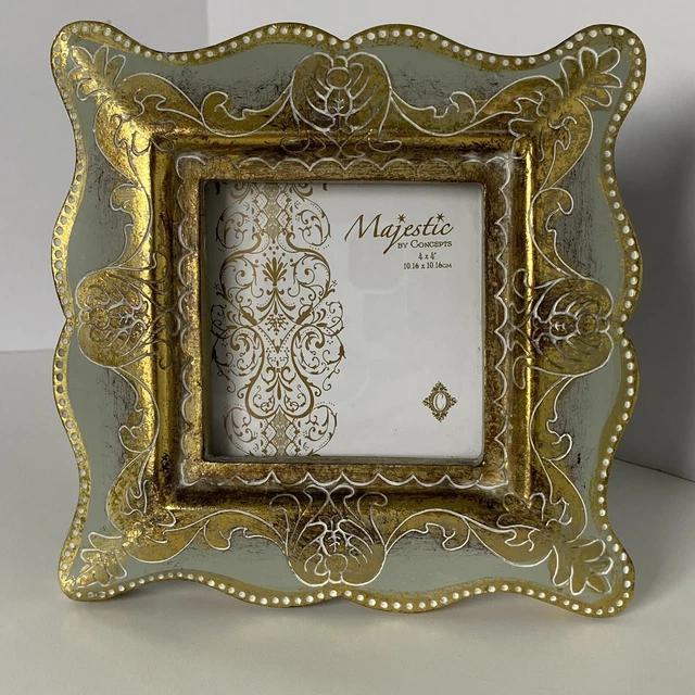 Gold Ornate Frame 4 X 4 Photo Wooden Green Gold Leaf Square New Standing