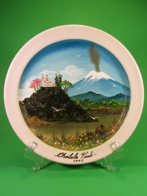 Cholula de Rivadavia Puebla Mexico Art Souvenir Plate Pyramid Volcano and Church