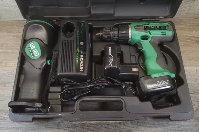Hitachi DS12DVF 12V Cordless Drill 3/8 With Case Flashlight 2 Batteries Charger Hitachi DS12DVF 12V Cordless Drill 3/8 With Case Flashlight 2 Batteries Charger