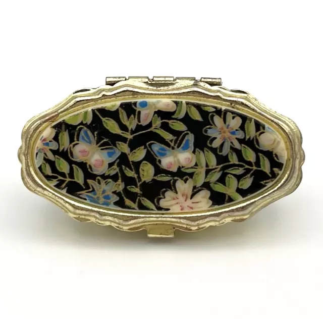 Vintage Pillendose Schmuckbox Schmetterling & Blumen Gold Schatulle RAR #1892