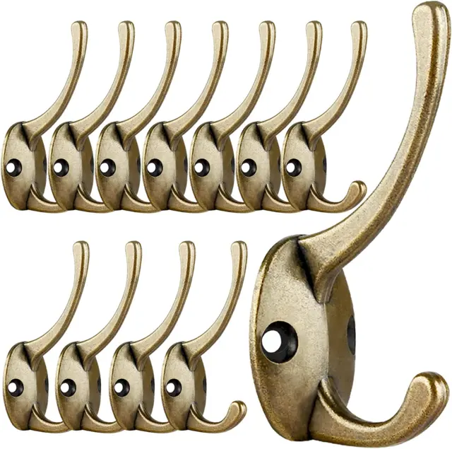 12 Pack Antique Brass Coat Hooks Wall Mounted with 24 Screws Retro Double Hooks