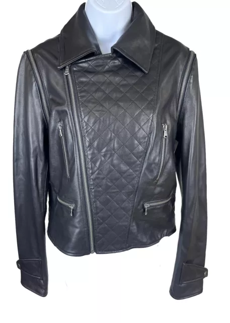 Women's CUSP by Neiman Marcus Black Leather Moto Jacket W/ Zip Off Sleeves Sz M