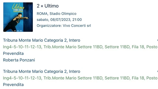 2 Biglietti concerto di Ultimo - Roma 8 Luglio 2023 Stadio Olimpico monte mario