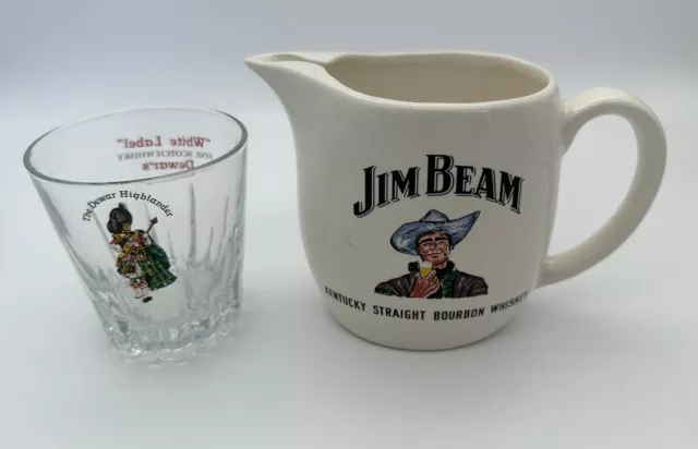 Jim Beam Bourbon Whiskey Wasserkrug Pitcher + Whiskey Glas White Label Vintage