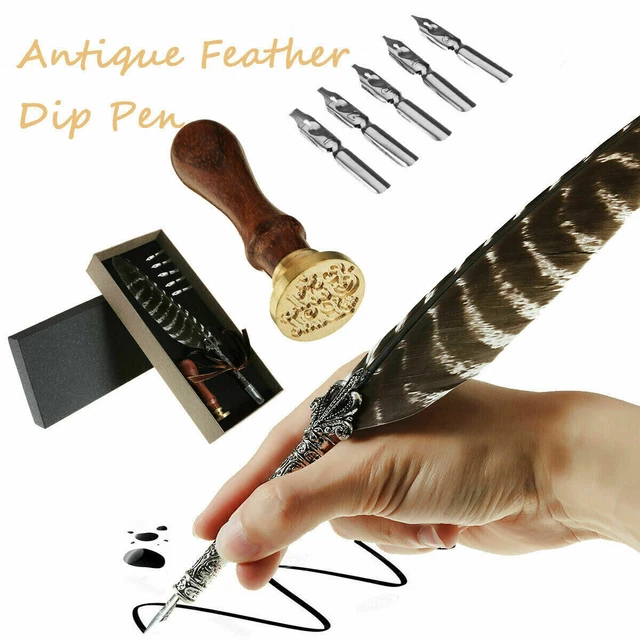 CALLIGRAPHY FEATHER DIP Quill Pen Writing Set Stationery Gift Box w/ 5