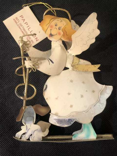 Papillon Giftware Angel & Dog On Skis Metal Christmas Tree Ornament w/ Tag