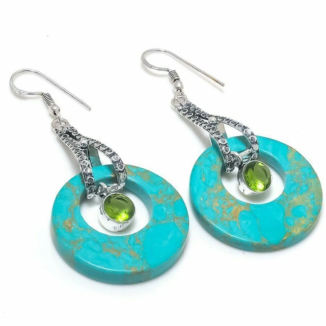 Cuivre Turquoise, Peridot Gemstone Handmade Ethnic Jewelry Earring 2.63" PE-340