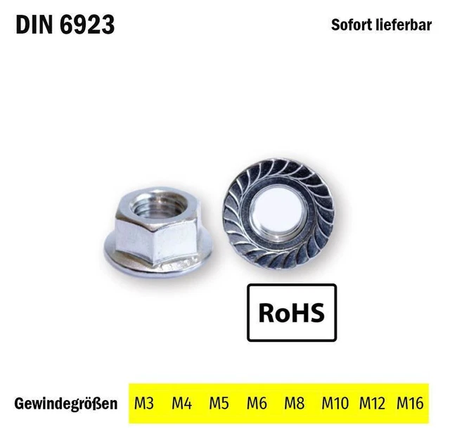 Sperrzahnmutter Flanschmutter  - Stahl Verzinkt - M3 - M16 Bundmutter DIN 6923