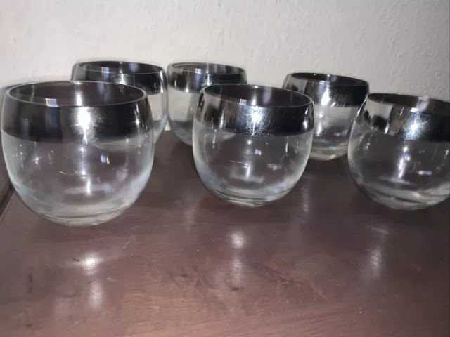 Set of 6 Vintage Dorothy Thorpe Silver Rim Band Roly Poly Glasses 5 Ounce