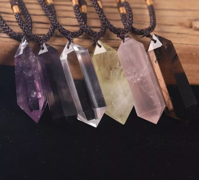 Natural Stone Crystal Hexagonal Points Pendant Healing Amulet Unisex Necklace