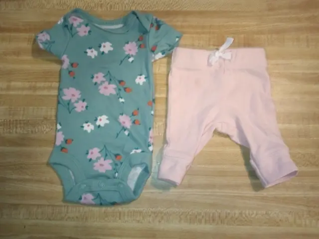 Carter's Baby Girl Size Preemie 100% Cotton Green Floral Bodysuit & Pink Pants S