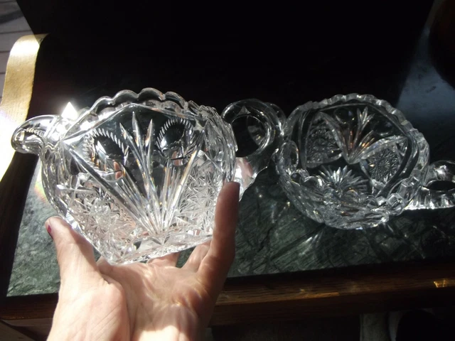 Sugar Bowl & Creamer Antique American Brilliant Cut Glass Crystal Libbey "Vesta"
